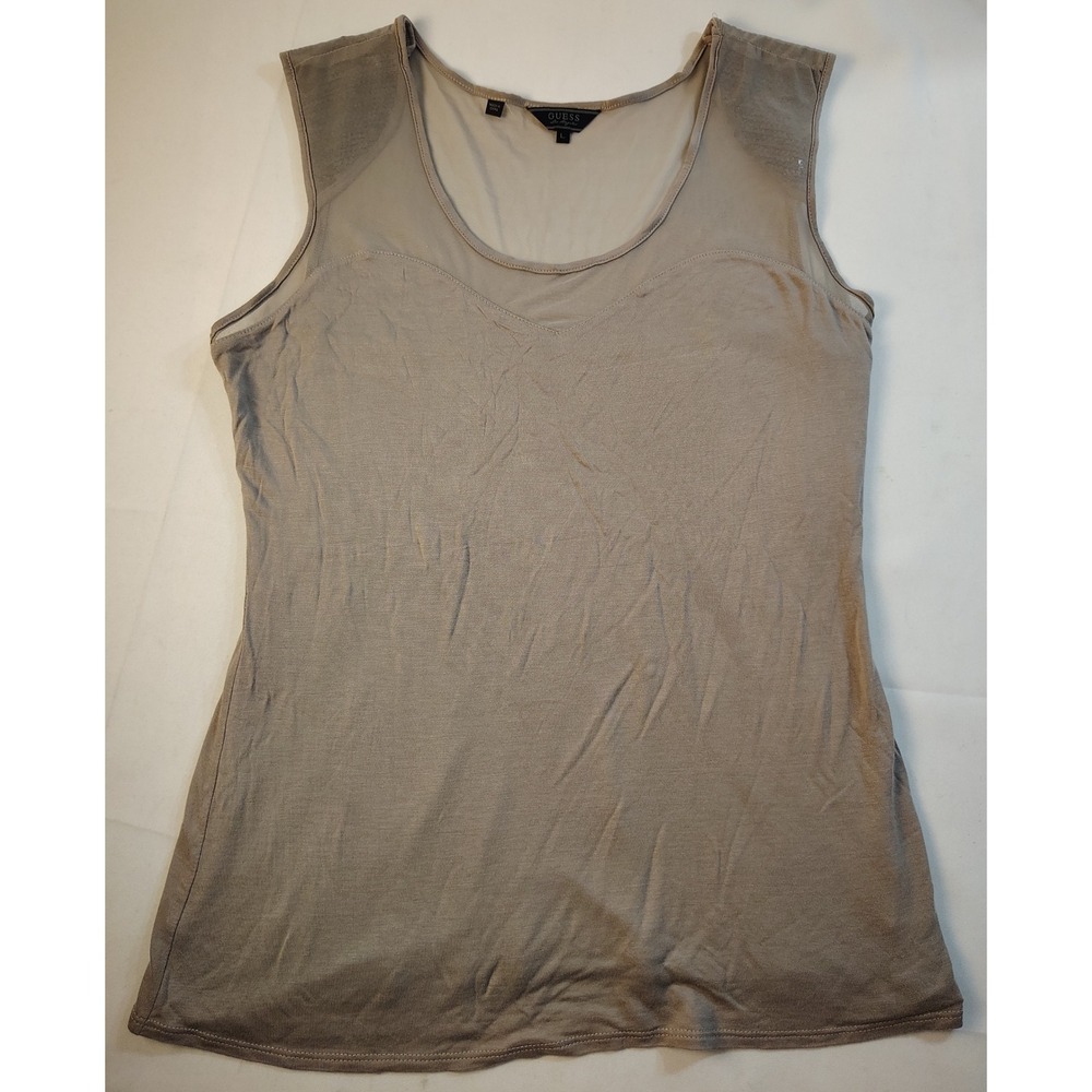 Guess Los Angeles Womens Sz L Taupe Sequin Mesh Yoke Sleeveless Tank Top Sparkle